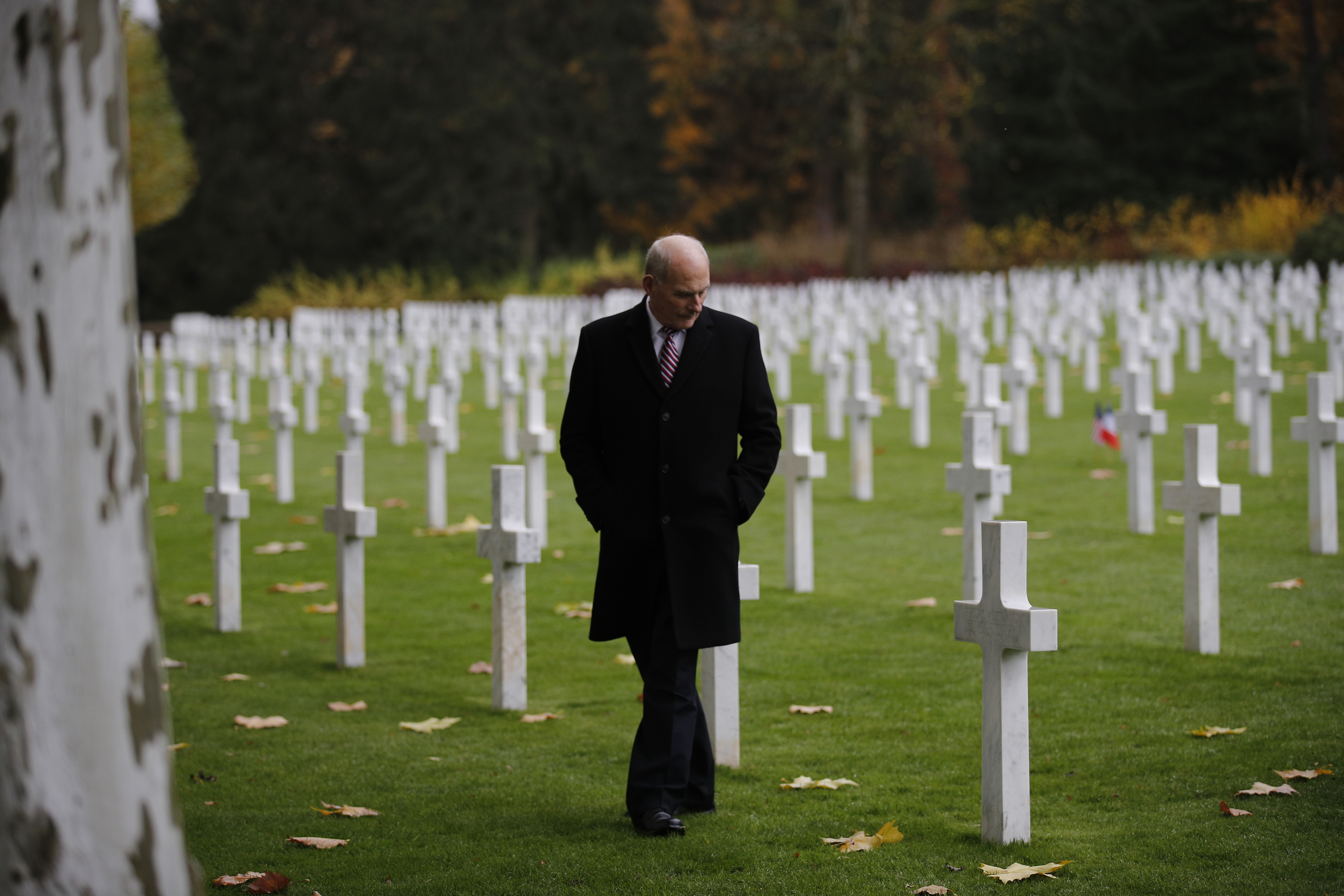 White House Chief of Staff John Kelly visits the Aisne Marne American Cemetery near the Belleau Wood battleground, in Belleau, France, Saturday, Nov. 10, 2018. 