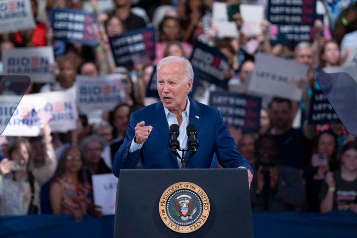 U.S. President Joe Biden speaks at a post-debate campaign rally on June 28, 2024 in Raleigh, North Carolina. (Photo by Allison Joyce/Getty Images)