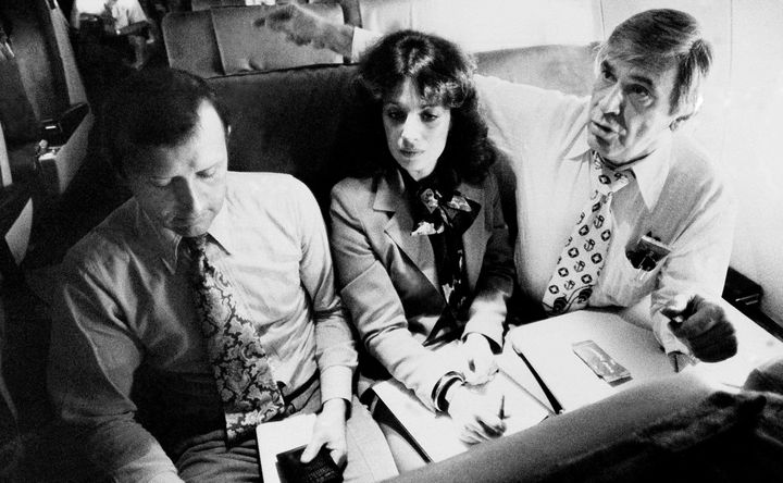 Rep. Leo J. Ryan (right) sits with consultant James Schollart and aide Jackie Speier in a plane headed to Jonestown, Guyana, on a fact-finding mission to investigate alleged human rights by Jim Jones.