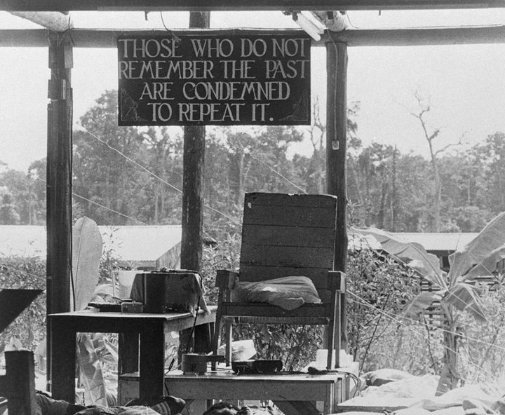 The "throne" used by Jim Jones was surrounded by bodies after the massacre at his commune in Guyana.