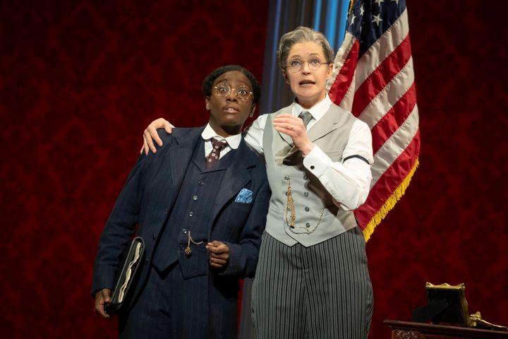 Actors Tsilala Brock and Grace McLean play Dudley Malone and President Woodrow Wilson in "Suffs."