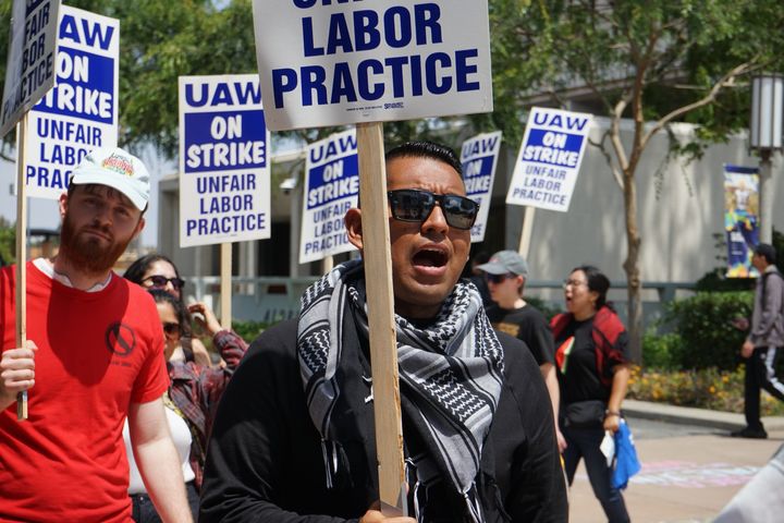 Academic workers protest at the University of California, Irvine, on Wednesday, June 5, 2024, in Orange County, California. When workers there recently walked off the job, they joined their counterparts at other campuses on strike in response to UC's handling of pro-Palestinian protests.