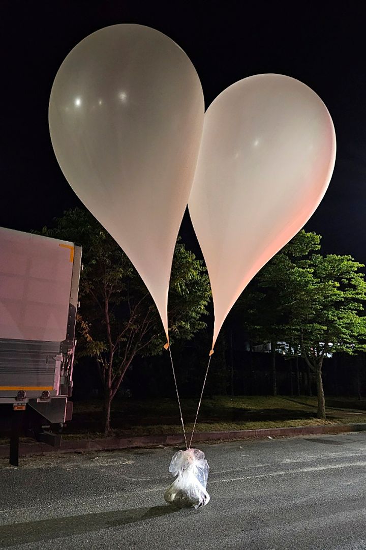 FILE - This photo provided by South Korea Defense Ministry, shows balloons with trash presumably sent by North Korea, in South Chungcheong Province, South Korea, on Wednesday, May 29, 2024. (South Korea Presidential Office via AP, File)