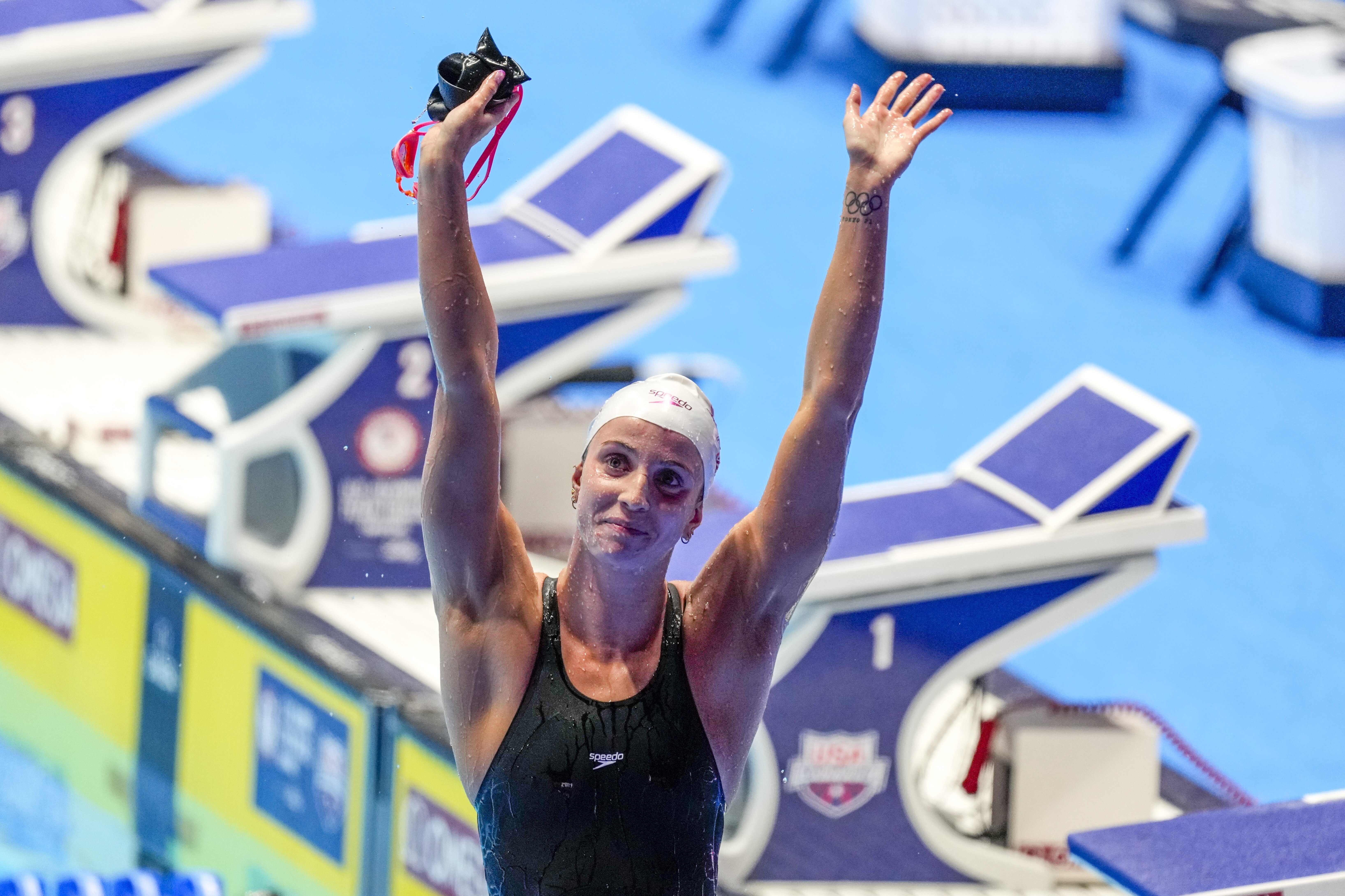 Regan Smith reacts after winning the women's 100-meter backstroke finals at the U.S. Swimming Olympic Trials in Indianapolis.