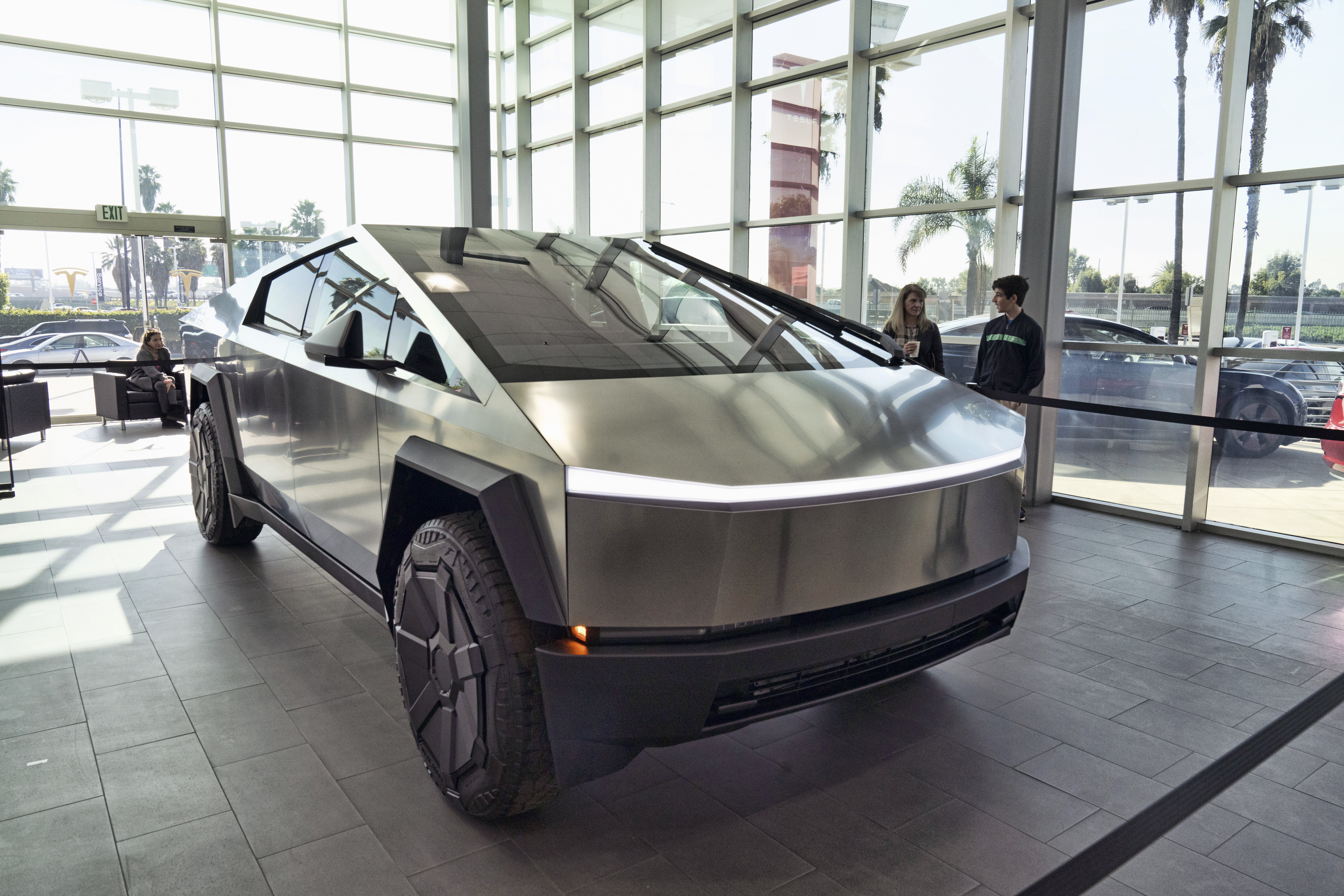 A Tesla Cybertruck is on display at the Tesla showroom in Buena Park, Calif., on Dec. 3, 2023. 