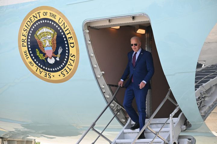 President Joe Biden disembarks Air Force One upon arrival at Paris Orly airport near Paris, on June 5, 2024, as he travels to commemorate the 80th anniversary of D-Day. (Photo by SAUL LOEB/AFP via Getty Images)
