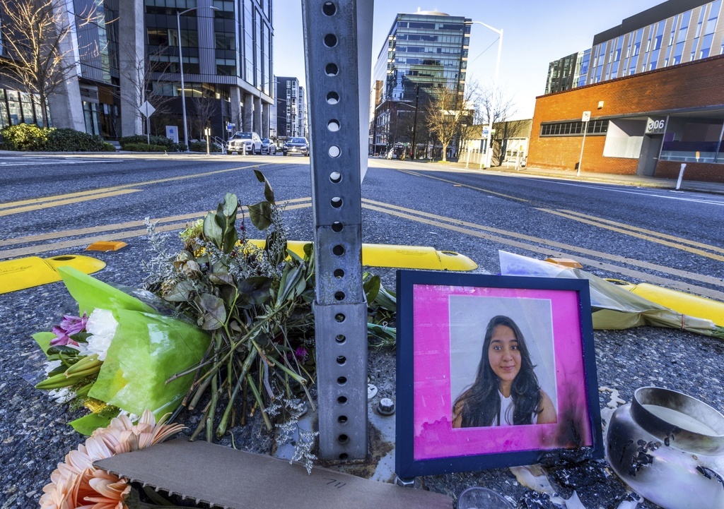 A photo of Jaahnavi Kandula is displayed with flowers, Jan. 29, 2023 in Seattle.