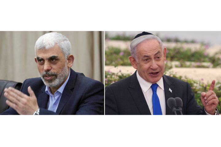 In this combination image, Hamas' leader in Gaza, Yahya Sinwar, speaks on April 13, 2022, in Gaza City, left, and Israeli Prime Minister Benjamin Netanyahu speaks on June 18, 2024, in Tel Aviv. 