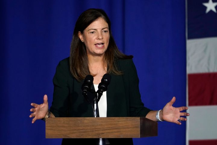 Former Republican Sen. Kelly Ayotte of New Hampshire speaks at a campaign rally on Sept. 22, 2020, at Lanconia Municipal Airport in Gilford, N.H. Ayotte announced last year she'd run for governor, days after fellow Republican Chris Sununu said he’s not seeking reelection to a fifth term. 