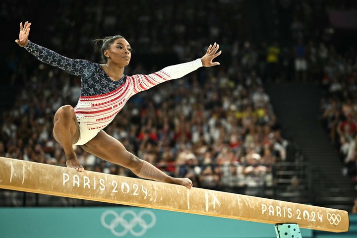 Simone Biles competes in the balance beam event of the artistic gymnastics women's team final during the Paris 2024 Olympic Games on July 30.