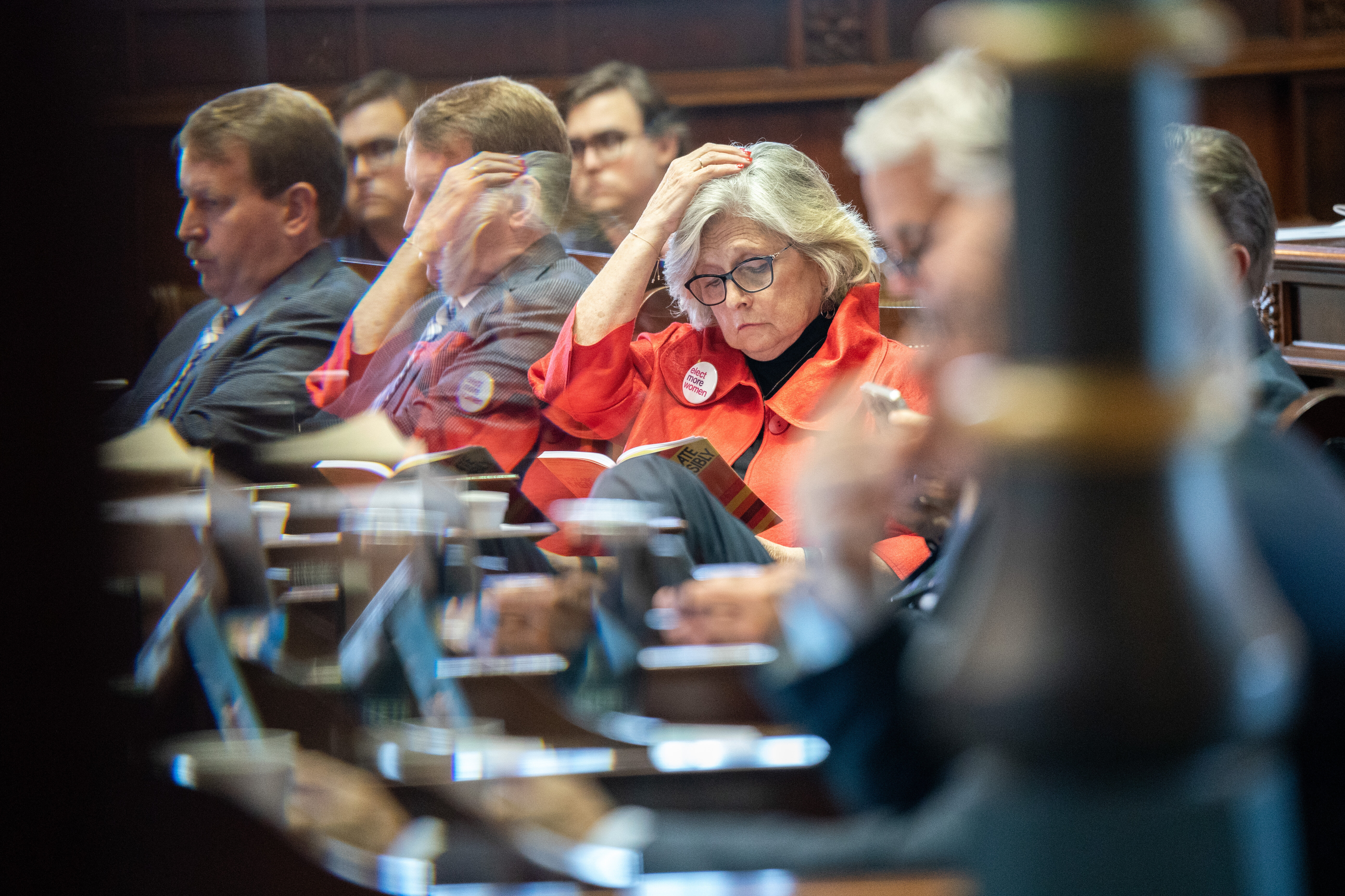 COLUMBIA, SOUTH CAROLINA - MAY 23: Republican state Sen. Katrina Shealy reads the book "Ejaculate Responsibly" during debate and before the Senate passed a ban on abortion after six weeks of pregnancy on May 23, 2023 in Columbia, South Carolina. A bi-partisan group of five women, including Shealy, led a filibuster that failed to block the legislation. (Photo by Sean Rayford/Getty Images)