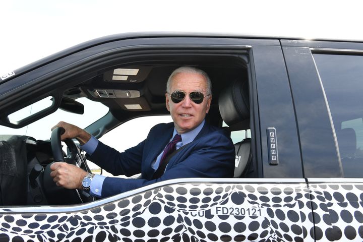 President Joe Biden drives an electric Ford F-150 Lightning at the Ford Dearborn Development Center in Dearborn, Michigan, on May 18, 2021.