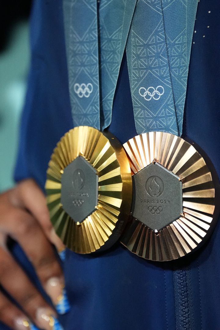 A close up of Jordan Chiles posing with medals following the Women's floor exercise final at Bercy Arena. (Photo by Erick W. Rasco/Sports Illustrated via Getty Images)