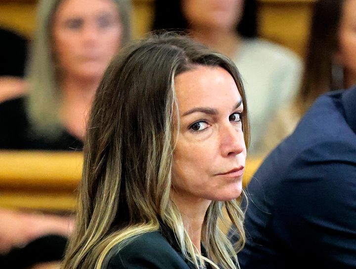 Karen Read looks toward the jurors, as they are greeted by Judge Beverly J. Cannone during her trial at Norfolk Superior Court in Dedham, Massachusetts, July 1, 2024.