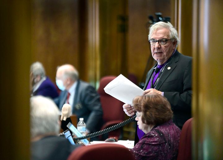 North Dakota Sen. Ray Holmberg speaks on the Senate floor at the state Capitol in Bismarck in November 2021.