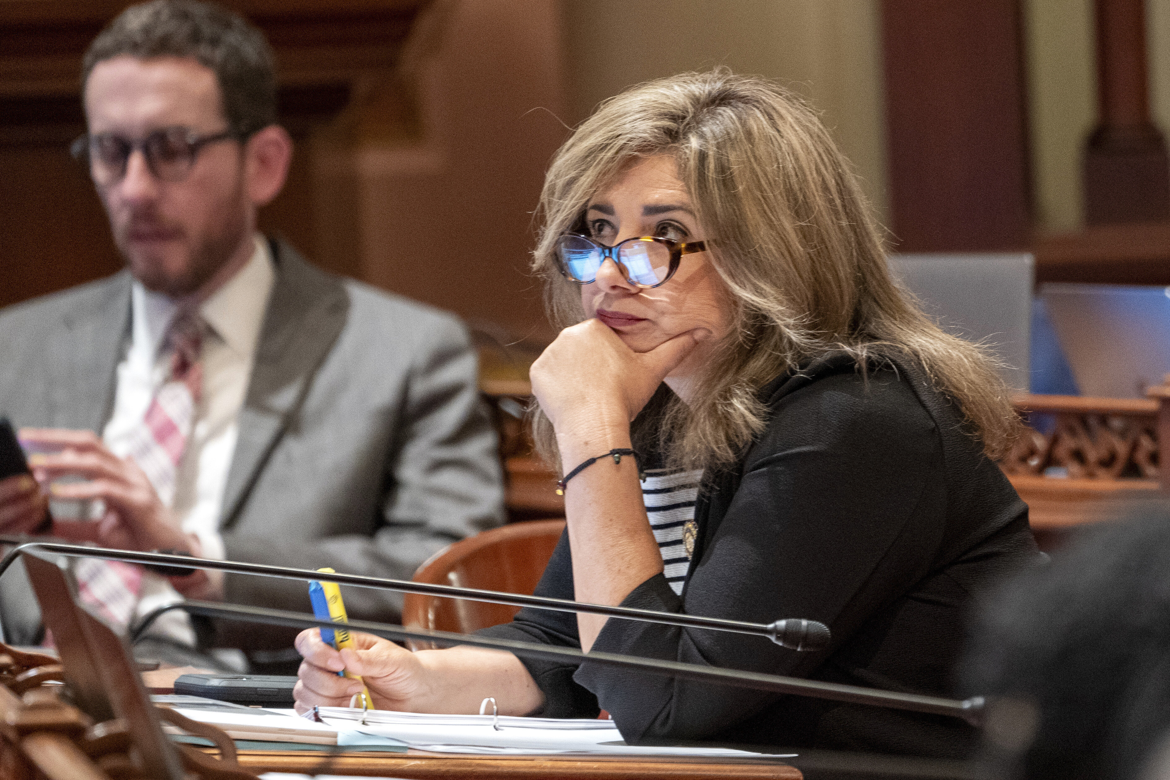 State Sen. Marie Alvarado-Gil listens to the discussion of a bill on July 10, 2023, at the Capitol in Sacramento, California. The Republican lawmaker is being accused of sexual harassment.