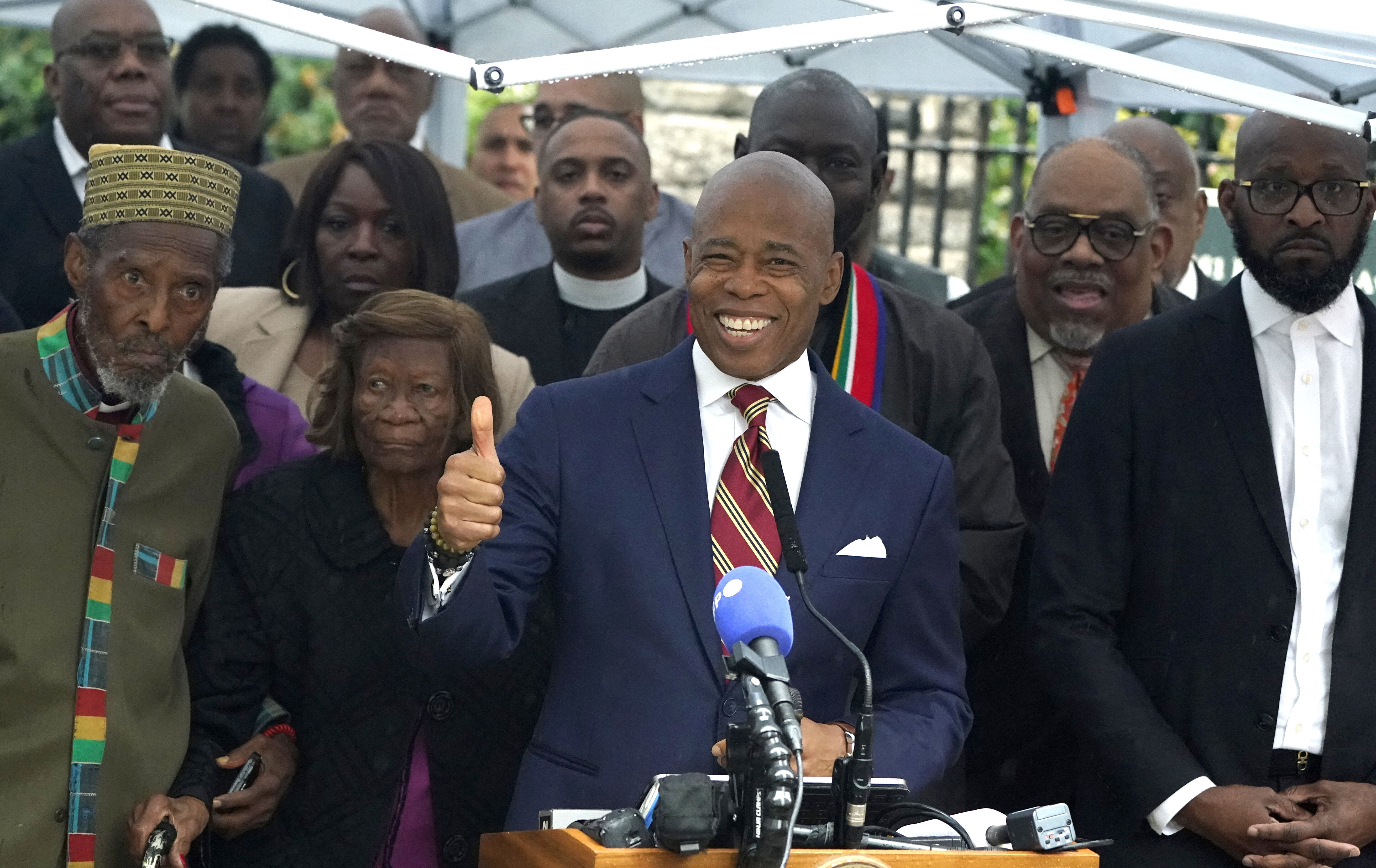 New York City Mayor Eric Adams speaks to the press Thursday outside Gracie Mansion, the official residence of the mayor of New York City, after being indicted on federal crimes.