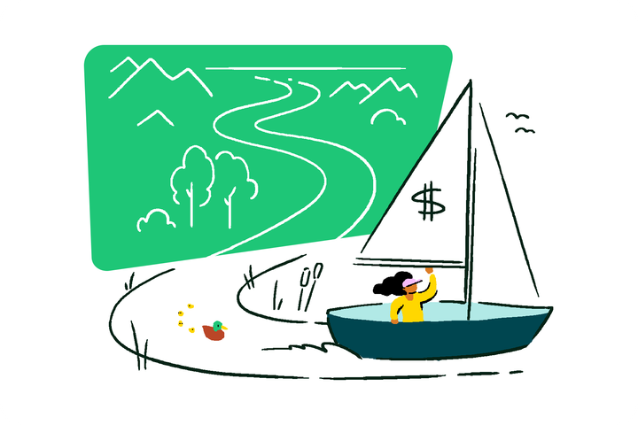 A person sailing a boat with a dollar sign sail down a river