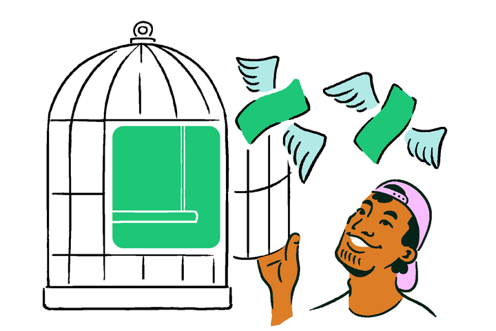 A person opening a birdcage, releasing flying money