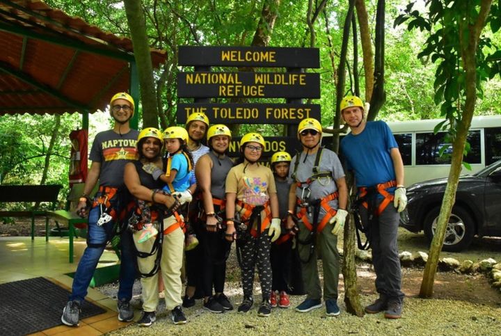 From left to right, the author's son Sachin, daughter-in-law Alka, granddaughter Ruhi, wife Bharati, daughter Sukanya, granddaughter Maya, grandson Kieran, the author, and son-in-law Ryan pose on vacation in November 2023. "We're ready for a zip-line adventure in Costa Rica!" he writes. 