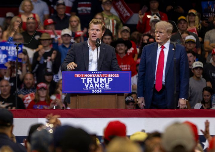 Tim Sheehy, a Republican Senate candidate from Montana, speaks at an Aug. 9 rally for presidential nominee Donald Trump in Bozeman.