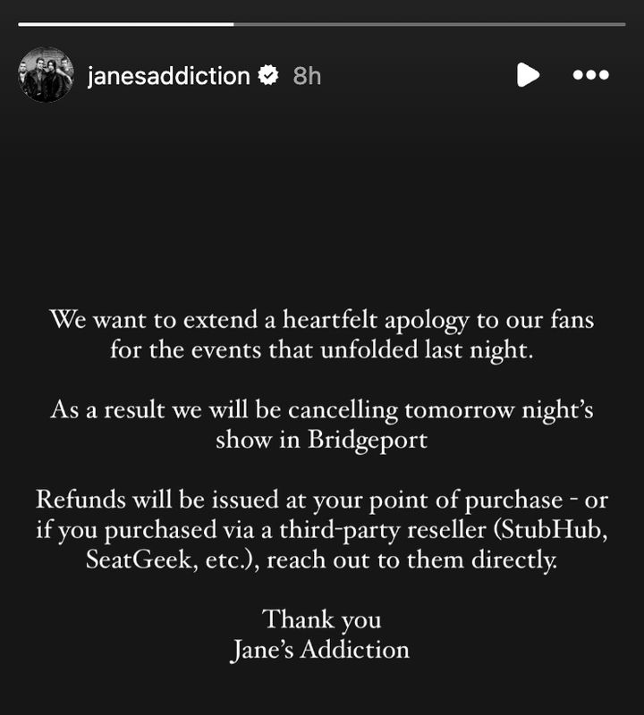 Jane's Addiction took to Instagram to extend a "heartfelt apology" to fans after frontman Perry Farrell threw a punch at Dave Navarro during a show in Boston on Friday.