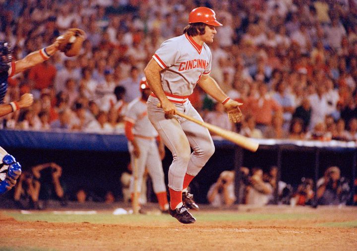 Pete Rose of the Cincinnati Reds in action on Aug. 2, 1978, against the Atlanta Braves. He earned the nickname "Charlie Hustle" for taking off after nearly every possible base hit.