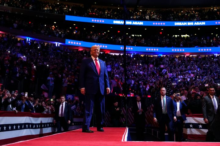 Republican presidential nominee former President Donald Trump arrives to speak during a campaign rally at Madison Square Garden on Sunday in New York.