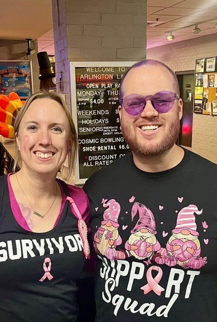 "My husband, Marc, and I won the bowling team 'costume contest' for our breast cancer awareness outfits. We tied for first place with the people who dressed as literal breasts."