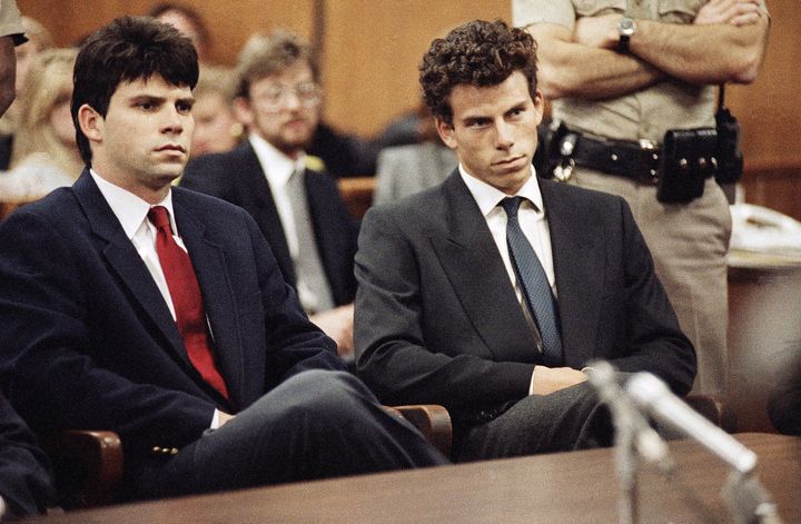 Lyle (left) and Erik Menendez attend a hearing on March 12, 1990, before their trial in the murders of their millionaire parents, José and Mary Louise “Kitty” Menendez, in Beverly Hills, California.