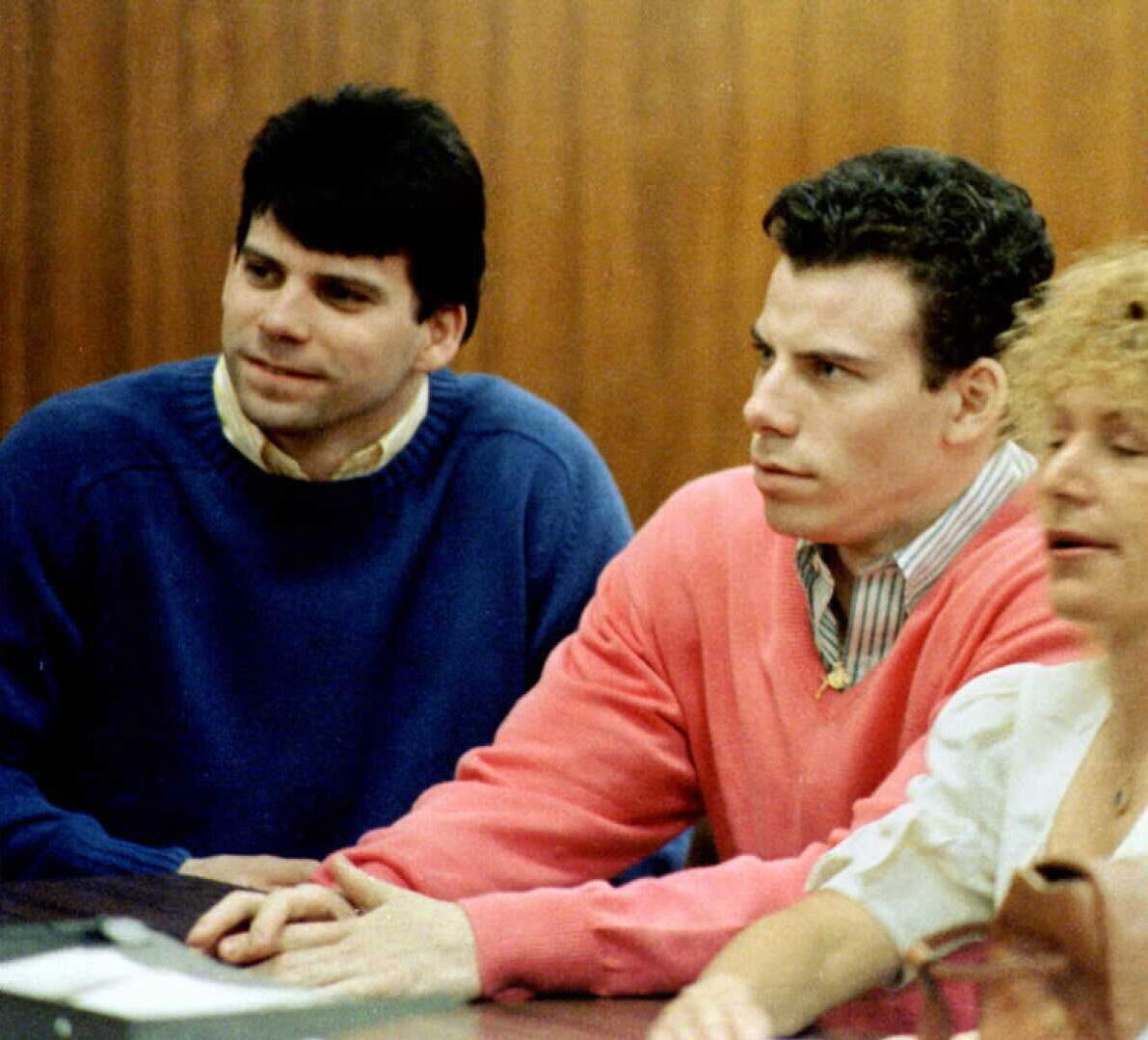 This 1992 file photo shows double murder defendants Erik (right) and Lyle Menendez (left) during a court appearance in Los Angeles.