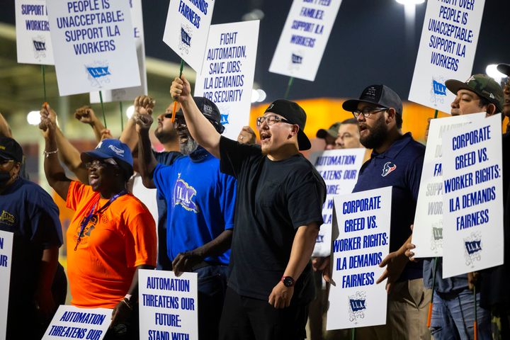 Longshoremen strike at midnight at Bayport Terminal on Tuesday, Oct. 1, 2024, in Houston. (AP Photo/Annie Mulligan)