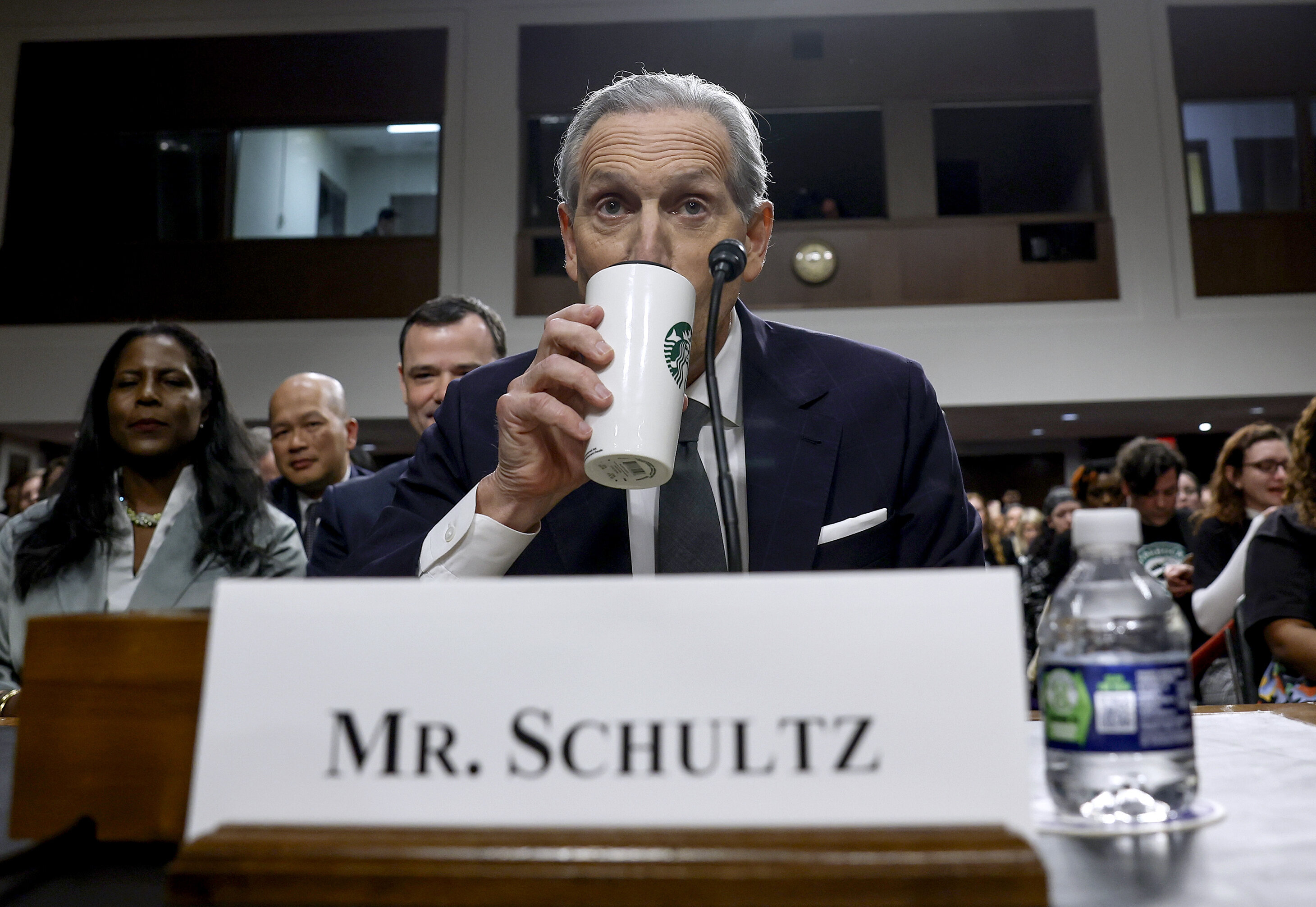 Starbucks was led by its famous co-founder and longtime chief executive Howard Schultz, shown here testifying before Congress, at the time of the alleged scheduling cuts.