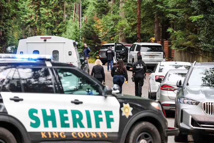 Police arrive on the scene of a shooting in Fall City, Washington, Monday, Oct. 21, 2024.