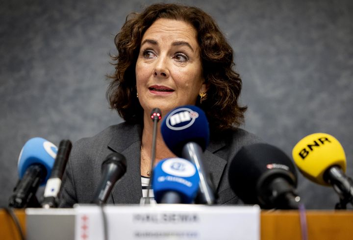 Amsterdam Mayor Femke Halsema holds a press conference after several fights broke out in the city following the UEFA Europa League match between Ajax Amsterdam and Maccabi Tel Aviv, on Nov. 8, 2024. Amsterdam police arrested pro-Palestinian protesters on Sunday for defying the city's three-day ban on demonstrations that was implemented in response to the attacks on fans of the Israeli soccer club, as well as the anti-Palestinian behavior and chants by those fans.