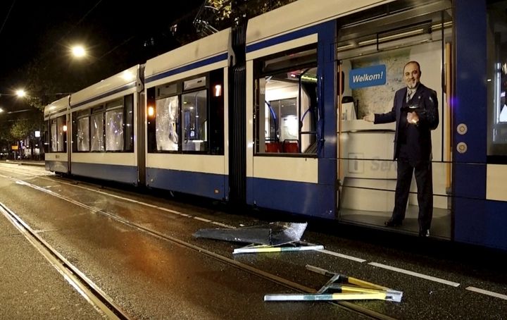 This image taken from video shows a damaged tram in Amsterdam, Monday Nov. 11, 2024, as the city is facing tensions following violence last week. (AP Photo)