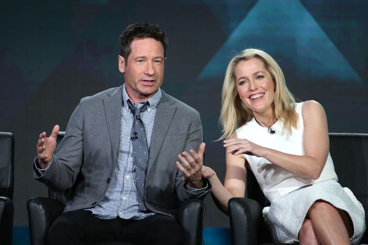 David Duchovny and Gillian Anderson on a panel in 2016.