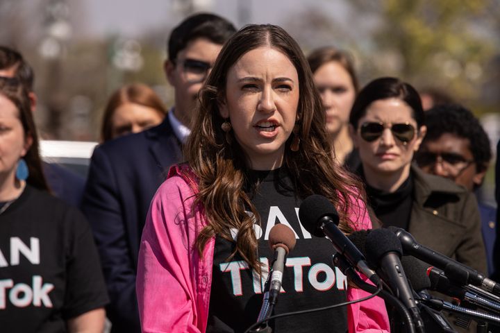 Chaya Raichik, creator of the TikTok account Libs Of Tiktok, speaks during a news conference outside the U.S. Capitol in Washington, D.C., on March 23, 2023.