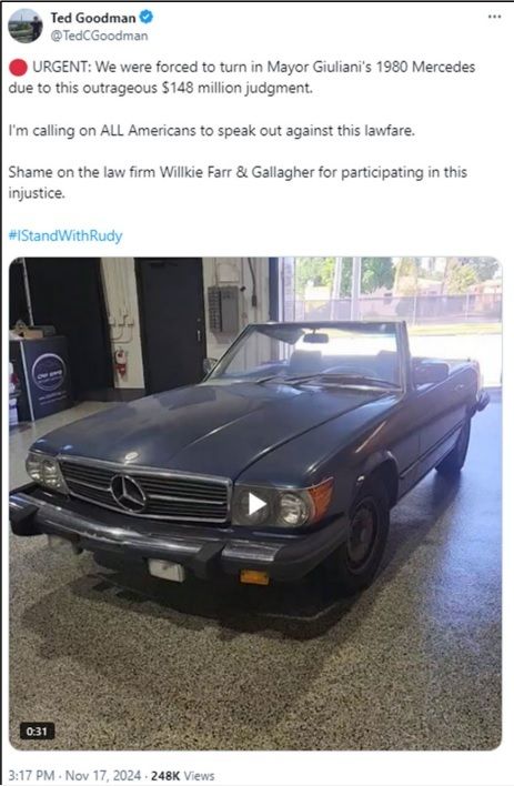 A social media post from Giuliani spokesperson Ted Goodman calls on "ALL Americans" to speak out against a court order directing the former mayor to surrender his assets, including a vintage Mercedes.