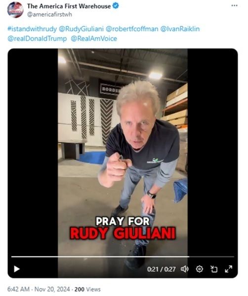 The co-owner of a New York storage facility where Rudy Giuliani is housing assets posted a video online tagging Donald Trump and Ivan Raiklin, a political operative who has called himself Trump's "secretary of retribution."