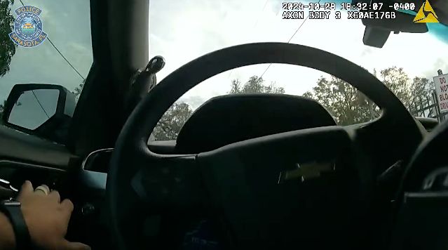 A screenshot of body camera footage from the Sarasota Police Department.