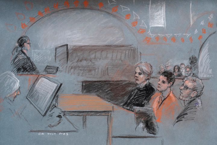 Massachusetts Air National Guardsman Jack Teixeira, seated second from right, appears in U.S. District Court, in Boston, Wednesday, April 19, 2023.