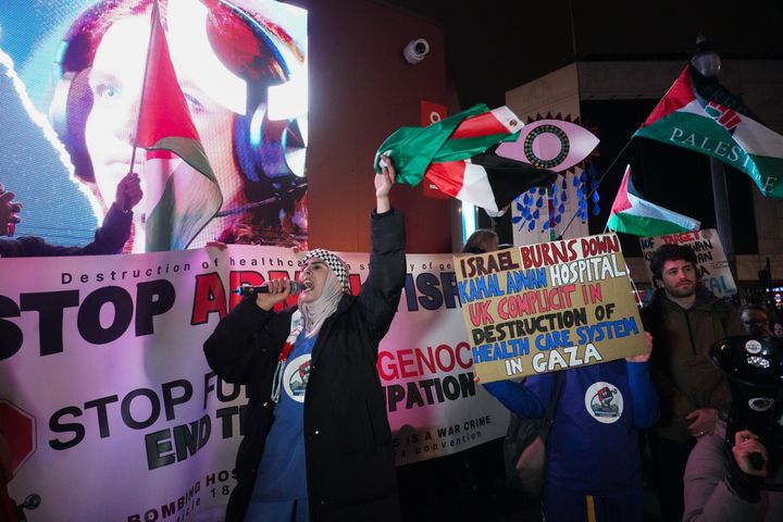 Pro-Palestinian demonstrators hold a vigil in London's Piccadilly Circus in response to Israel's destruction of Kamal Adwan Hospital in northern Gaza, on Dec. 28, 2024.