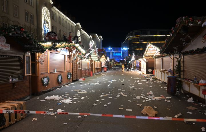 A view of the cordoned-off Christmas market in Magdeburg. A driver drove into a group of people at the Christmas market in Magdeburg. (Photo by Heiko Rebsch/picture alliance via Getty Images)