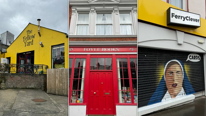 From left: Photos show The Yellow Yard, Foyle Books and "Derry Girls" themed art on a storefront gate.