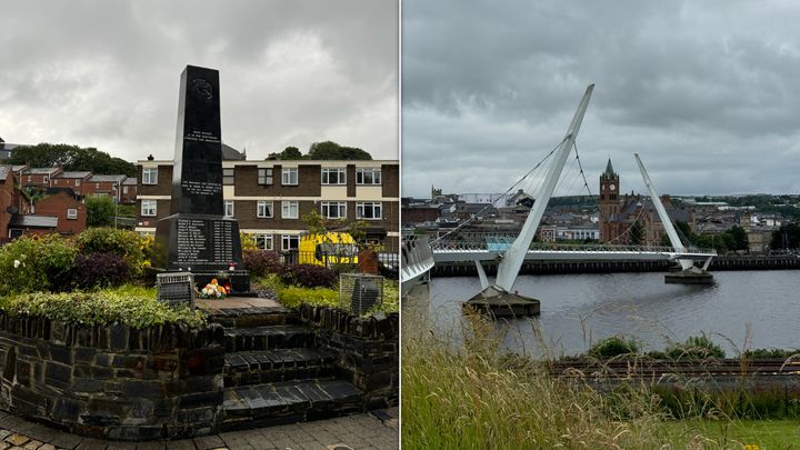 Photos show the Bloody Sunday monument in the Bogside neighborhood, left, and the Peace Bridge, opened in 2011.