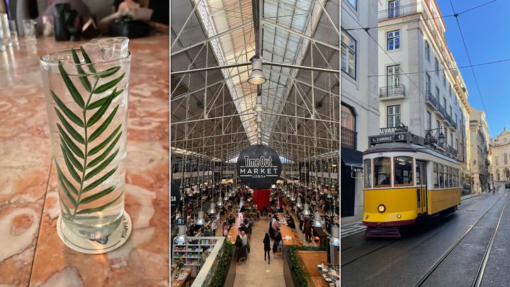 From left: A cocktail at Toca da Raposa, Time Out Market and one of Lisbon's iconic trams.