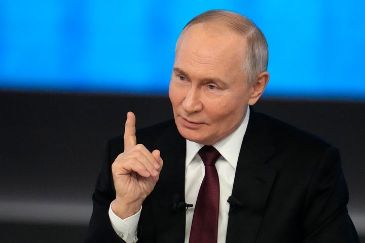 Russian President Vladimir Putin gestures while speaking during his annual news conference and call-in show at Gostinny Dvor in Moscow, Russia, on Dec. 19, 2024.