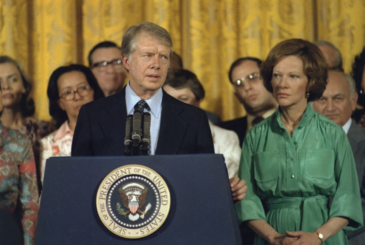 President Jimmy Carter and first lady Rosalynn Carter at the presentation of the final report of the President's Commission on Mental Health, circa April 27, 1978.