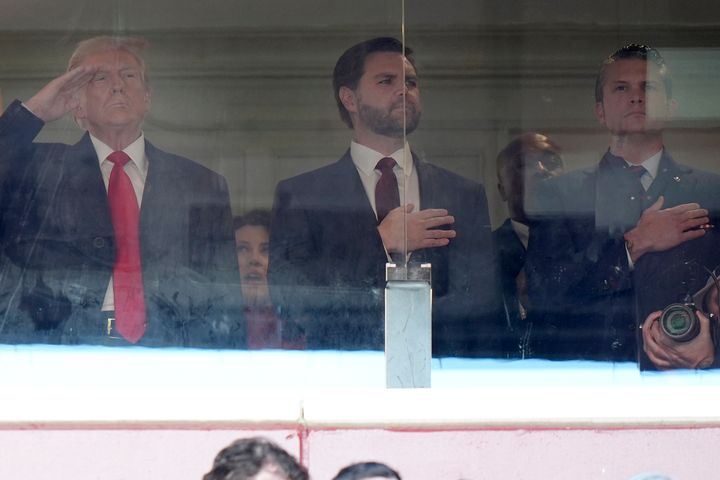 President-elect Donald Trump, from left, Vice President-elect JD Vance and Trump's choice to be Defense Secretary Pete Hegseth attend the NCAA college football game between Army and Navy at Northwest Stadium in Landover, Md., Saturday, Dec. 14, 2024. (AP Photo/Stephanie Scarbrough)